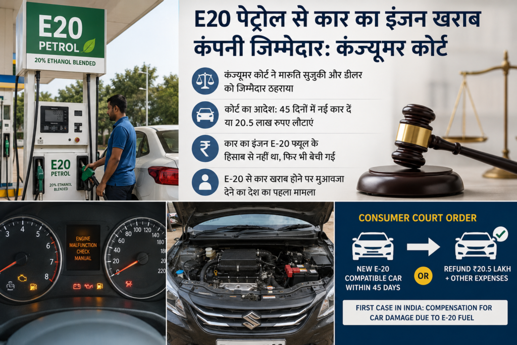 रायपुर में E20 पेट्रोल से कार के इंजन के खराब होने पर, कंज्यूमर कोर्ट ने मारुति सुजुकी इंडिया लिमिटेड और उसके अधिकृत डीलर को जिम्मेदार ठहराया है। कोर्ट ने कहा कि नई कार दी जाए या 20 लाख लौटाए जाए।