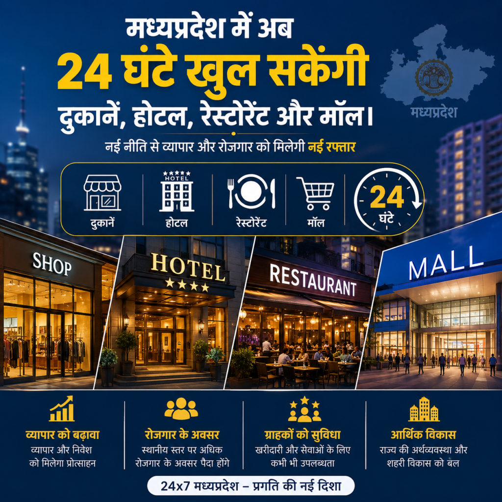 मध्यप्रदेश में अब 24 घंटे खुल सकेंगी दुकानें, होटल, रेस्टोरेंट और मॉल। मध्यप्रदेश में अब 24 घंटे खुल सकेंगी दुकानें, होटल, रेस्टोरेंट और मॉल।